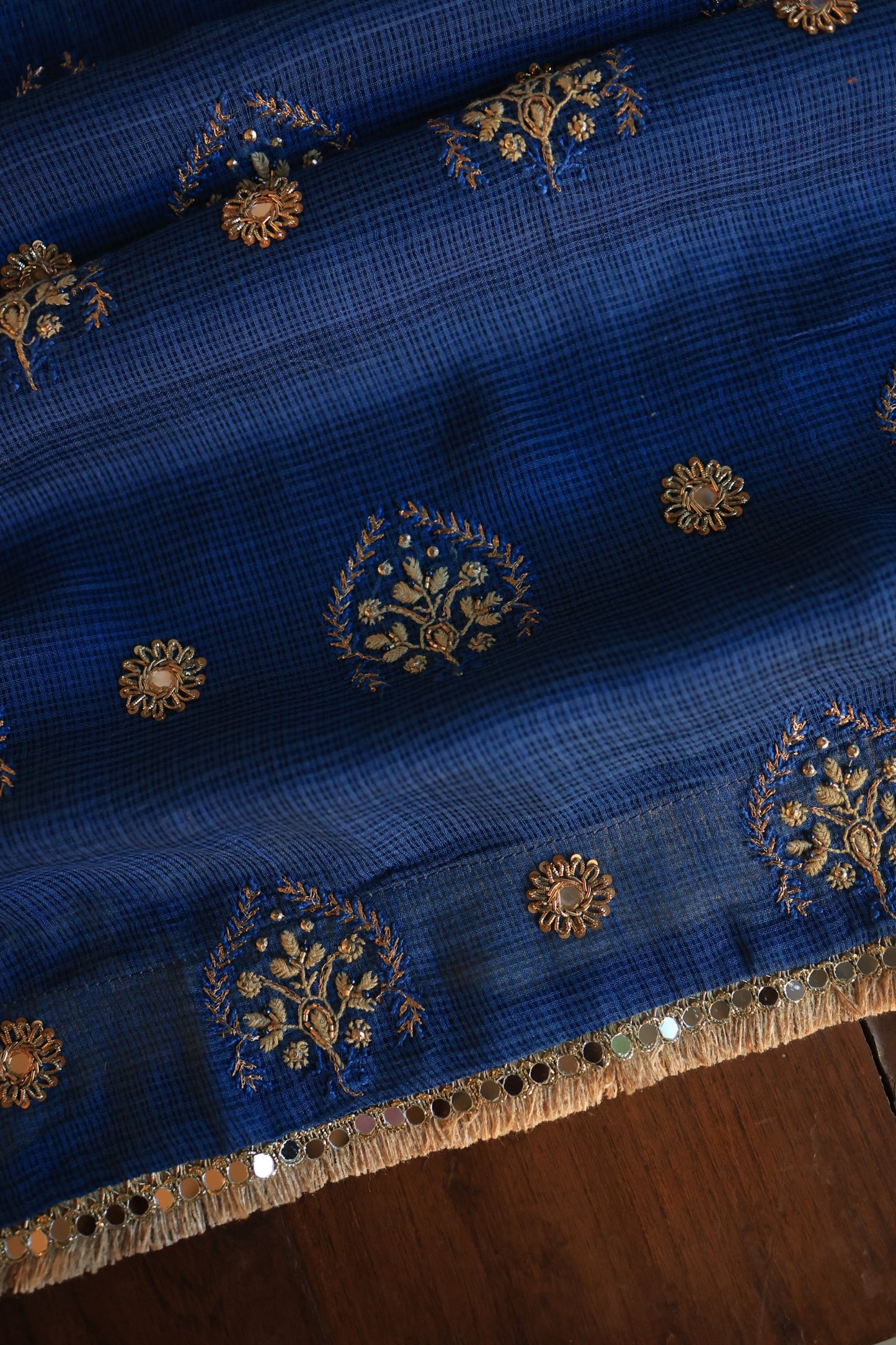 Ink Blue Handloom Kota Chikankari With Mirror Work Unstitched Kurta Dupatta Set