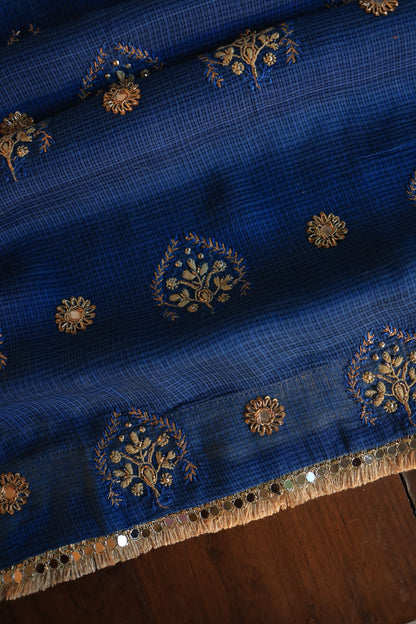 Ink Blue Handloom Kota Chikankari With Mirror Work Unstitched Kurta Dupatta Set