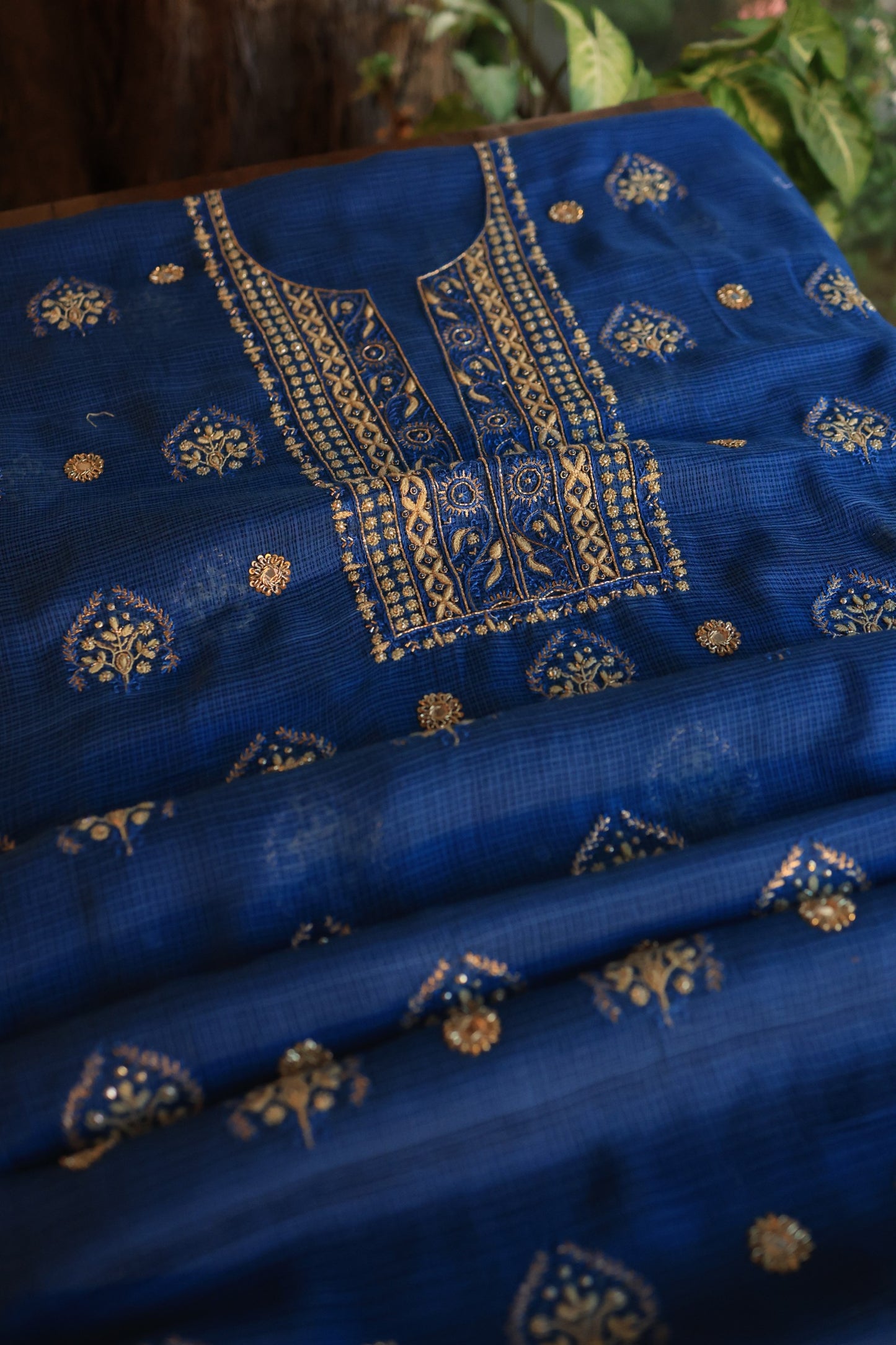 Ink Blue Handloom Kota Chikankari With Mirror Work Unstitched Kurta Dupatta Set