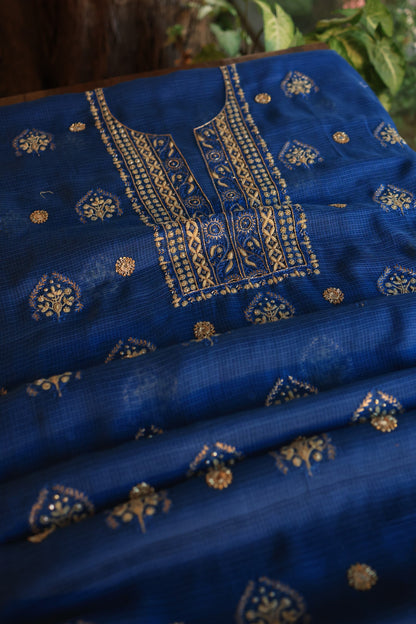 Ink Blue Handloom Kota Chikankari With Mirror Work Unstitched Kurta Dupatta Set