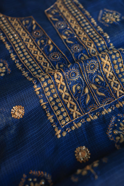 Ink Blue Handloom Kota Chikankari With Mirror Work Unstitched Kurta Dupatta Set