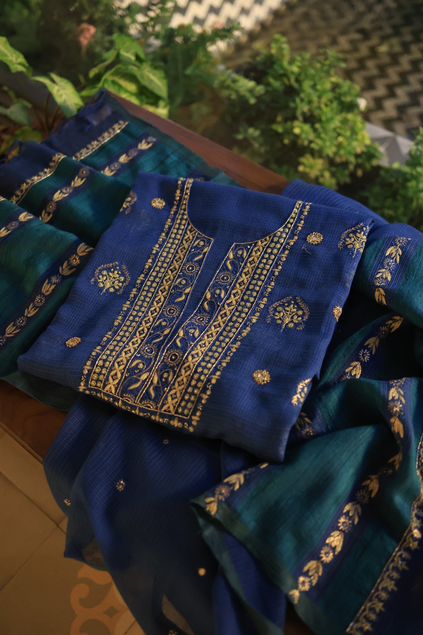 Ink Blue Handloom Kota Chikankari With Mirror Work Unstitched Kurta Dupatta Set