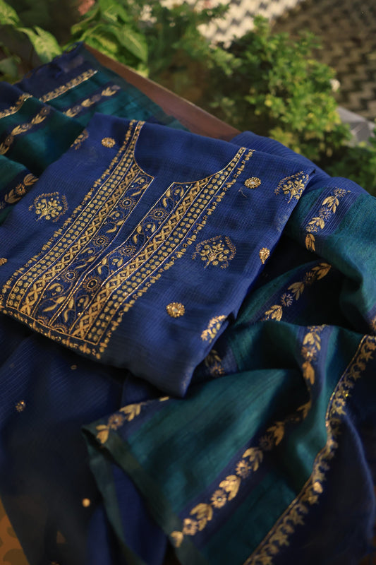 Ink Blue Handloom Kota Chikankari With Mirror Work Unstitched Kurta Dupatta Set