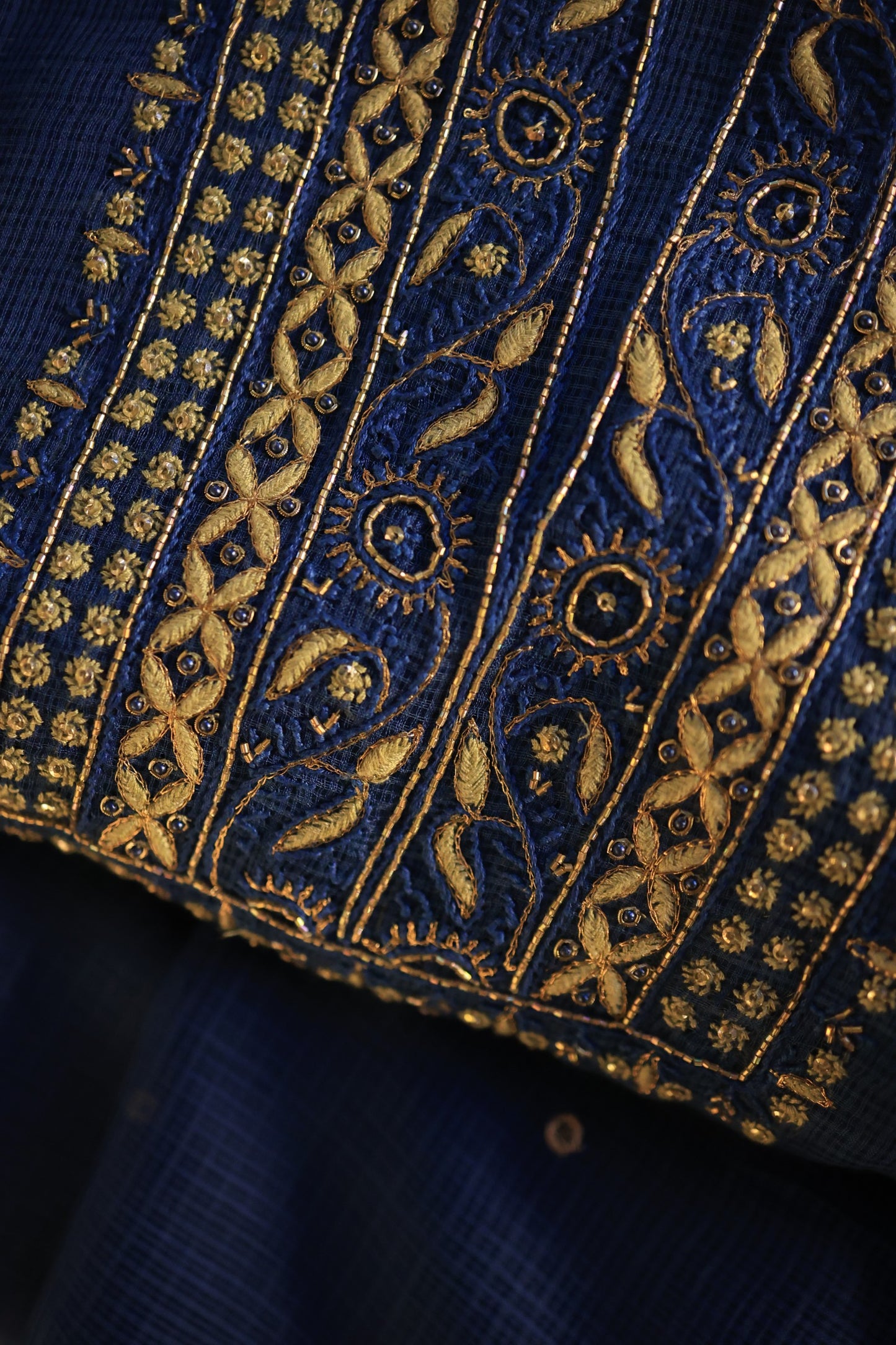 Ink Blue Handloom Kota Chikankari With Mirror Work Unstitched Kurta Dupatta Set