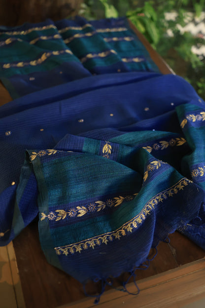 Ink Blue Handloom Kota Chikankari With Mirror Work Unstitched Kurta Dupatta Set