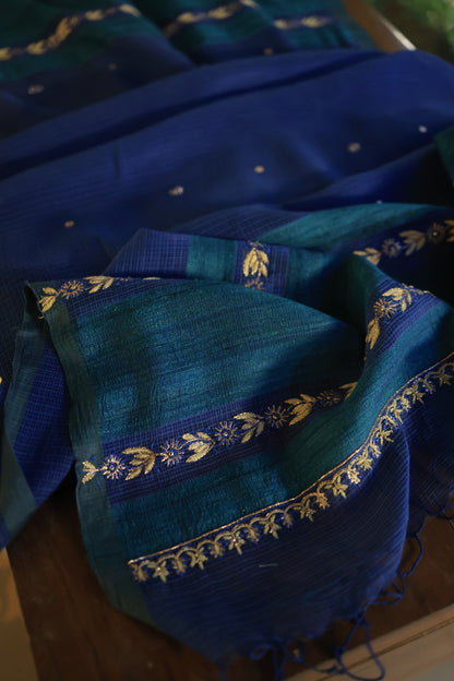 Ink Blue Handloom Kota Chikankari With Mirror Work Unstitched Kurta Dupatta Set