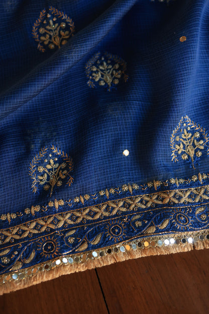 Ink Blue Handloom Kota Chikankari With Mirror Work Unstitched Kurta Dupatta Set