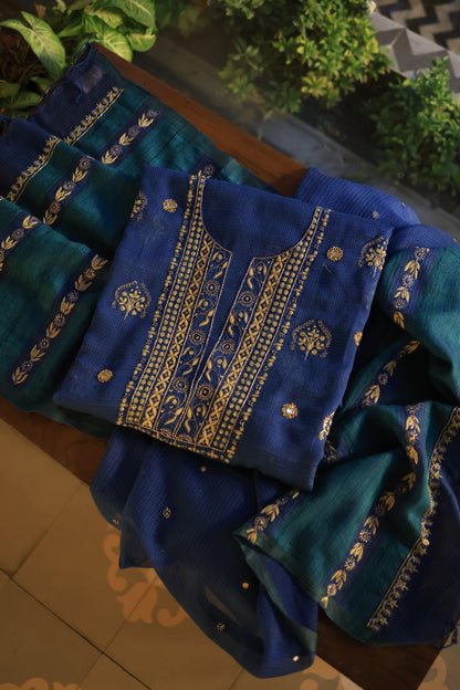 Ink Blue Handloom Kota Chikankari With Mirror Work Unstitched Kurta Dupatta Set