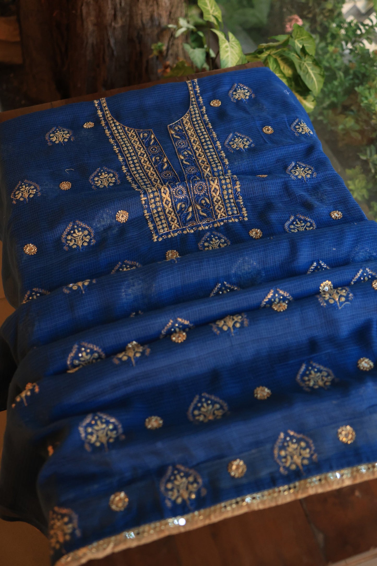 Ink Blue Handloom Kota Chikankari With Mirror Work Unstitched Kurta Dupatta Set