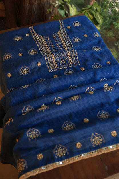 Ink Blue Handloom Kota Chikankari With Mirror Work Unstitched Kurta Dupatta Set