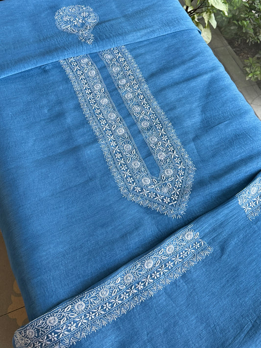 Ink Blue Linen Chikankari Unstitched Men's Kurtas Fabric