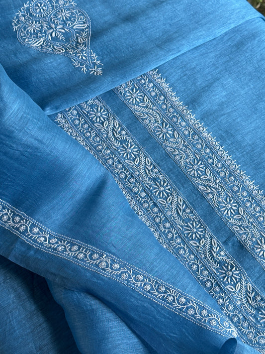 Ink Blue Linen Chikankari Unstitched Men's Kurtas Fabric