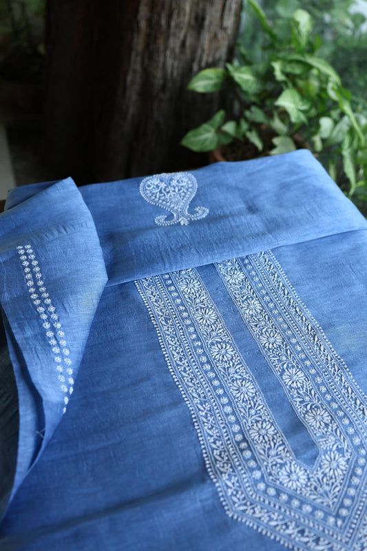 Ink Blue Shade Linen Chikankari Unstitched Men's Kurtas Fabric