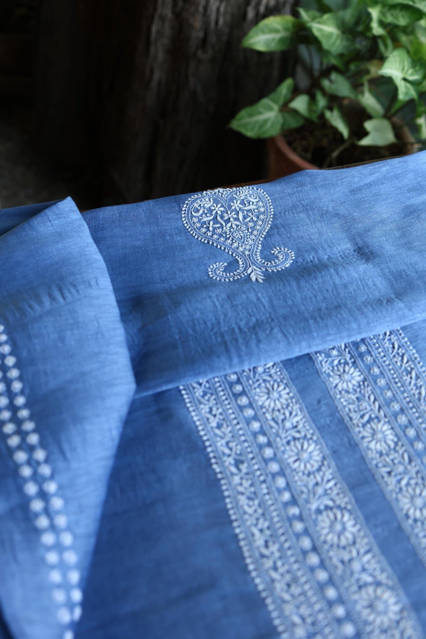 Ink Blue Shade Linen Chikankari Unstitched Men's Kurtas Fabric