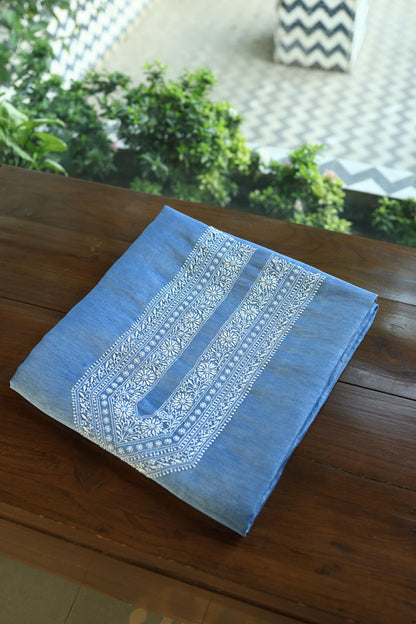 Ink Blue Shade Linen Chikankari Unstitched Men's Kurtas Fabric