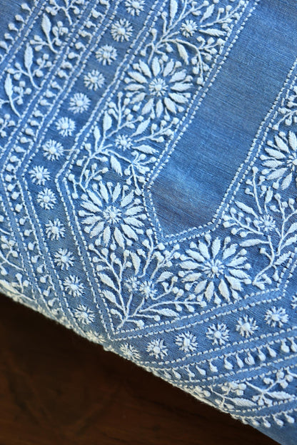 Ink Blue Shade Linen Chikankari Unstitched Men's Kurtas Fabric