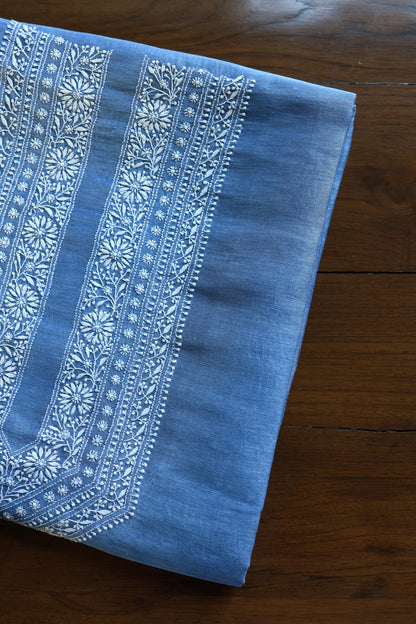 Ink Blue Shade Linen Chikankari Unstitched Men's Kurtas Fabric