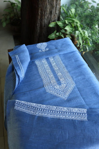 Ink Blue Shade Linen Chikankari Unstitched Men's Kurtas Fabric