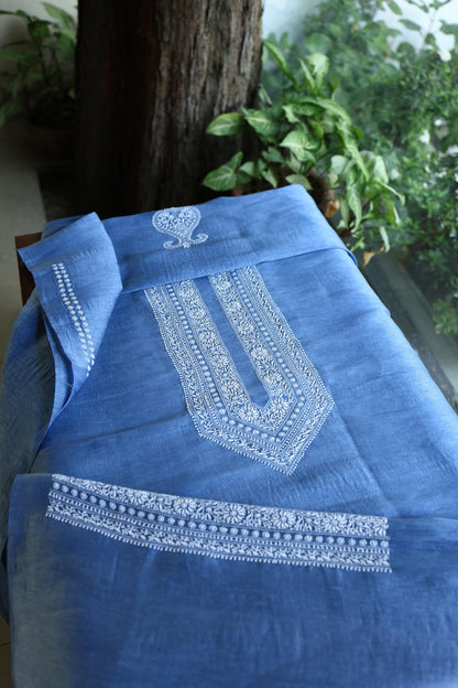 Ink Blue Shade Linen Chikankari Unstitched Men's Kurtas Fabric