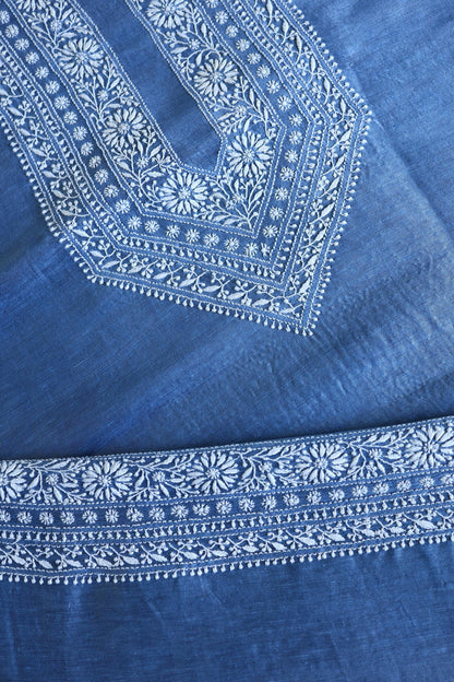 Ink Blue Shade Linen Chikankari Unstitched Men's Kurtas Fabric