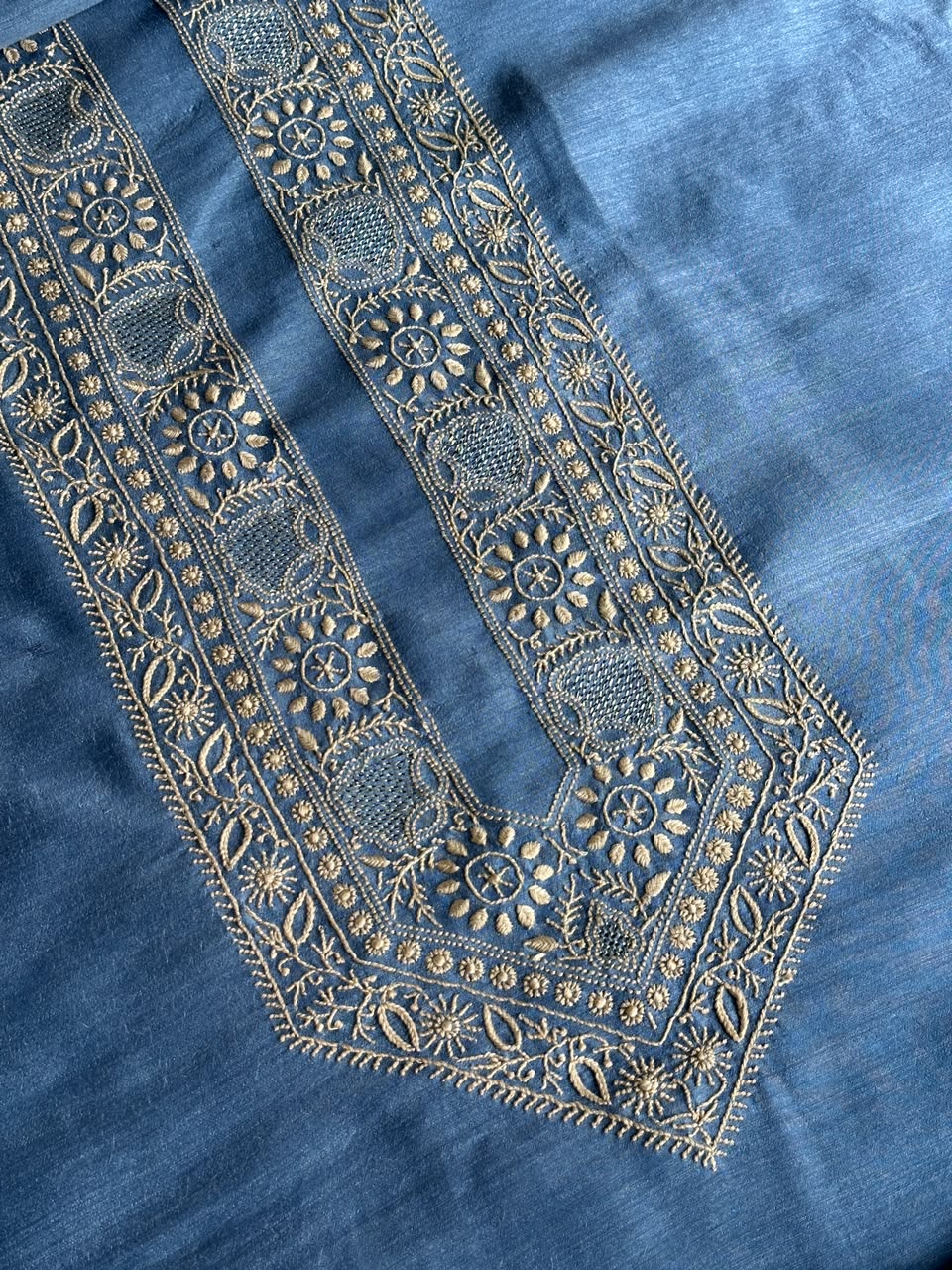 Ink Blue Shade Moonga Silk Chikankari Men’s Kurta Fabric