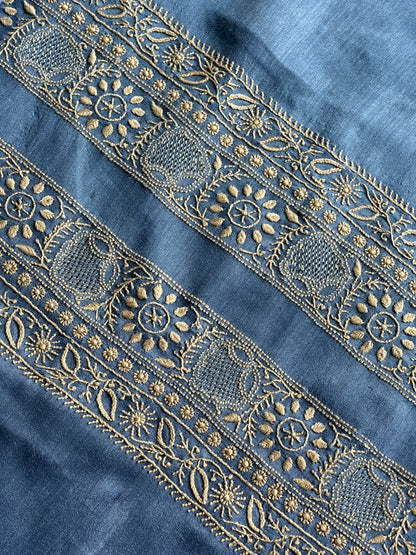 Ink Blue Shade Moonga Silk Chikankari Men’s Kurta Fabric