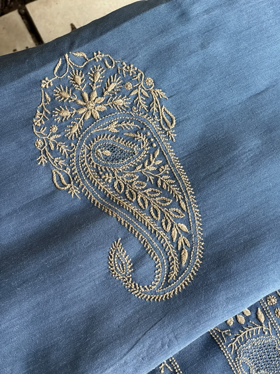 Ink Blue Shade Moonga Silk Chikankari Men’s Kurta Fabric