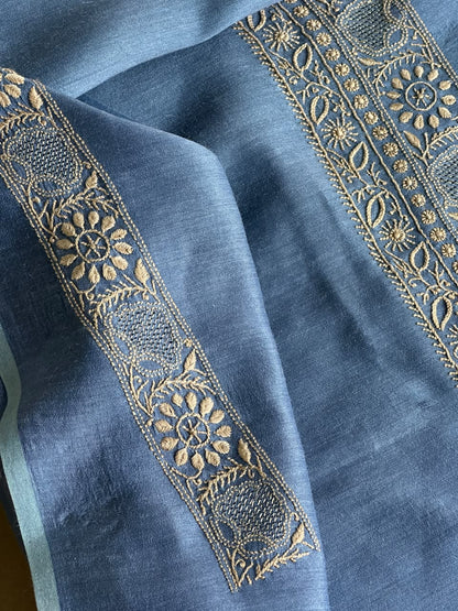Ink Blue Shade Moonga Silk Chikankari Men’s Kurta Fabric
