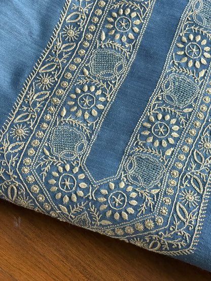 Ink Blue Shade Moonga Silk Chikankari Men’s Kurta Fabric