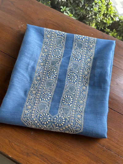 Ink Blue Shade Moonga Silk Chikankari Men’s Kurta Fabric