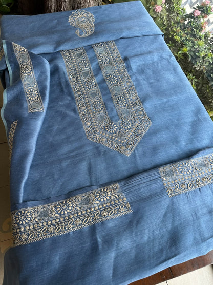 Ink Blue Shade Moonga Silk Chikankari Men’s Kurta Fabric