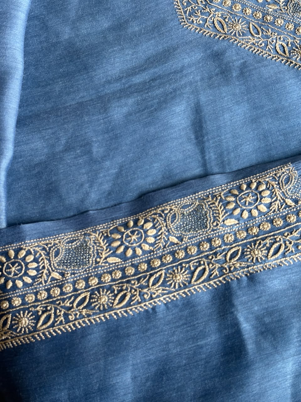 Ink Blue Shade Moonga Silk Chikankari Men’s Kurta Fabric