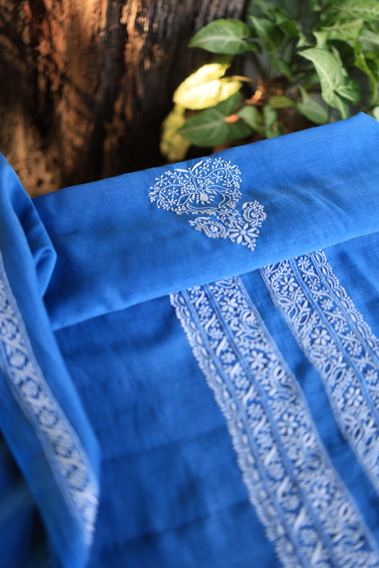 Ink Blue Shade Mulmul Chikankari Unstitched Men's Kurtas Fabric