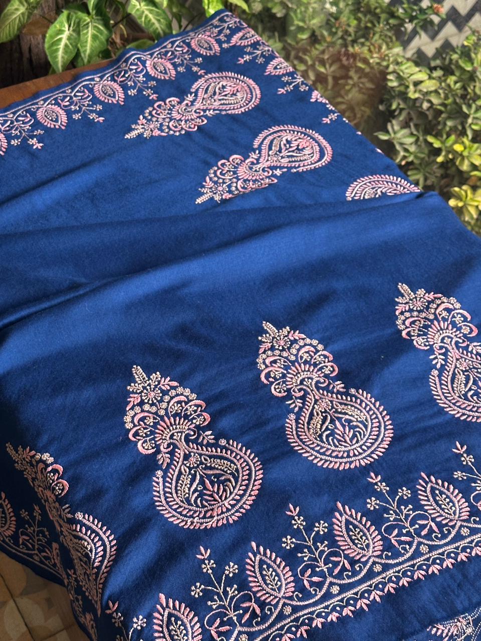 Ink Blue Shade Saman Pashmina Fine Chikankari Shawl
