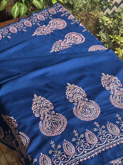 Ink Blue Shade Saman Pashmina Fine Chikankari Shawl