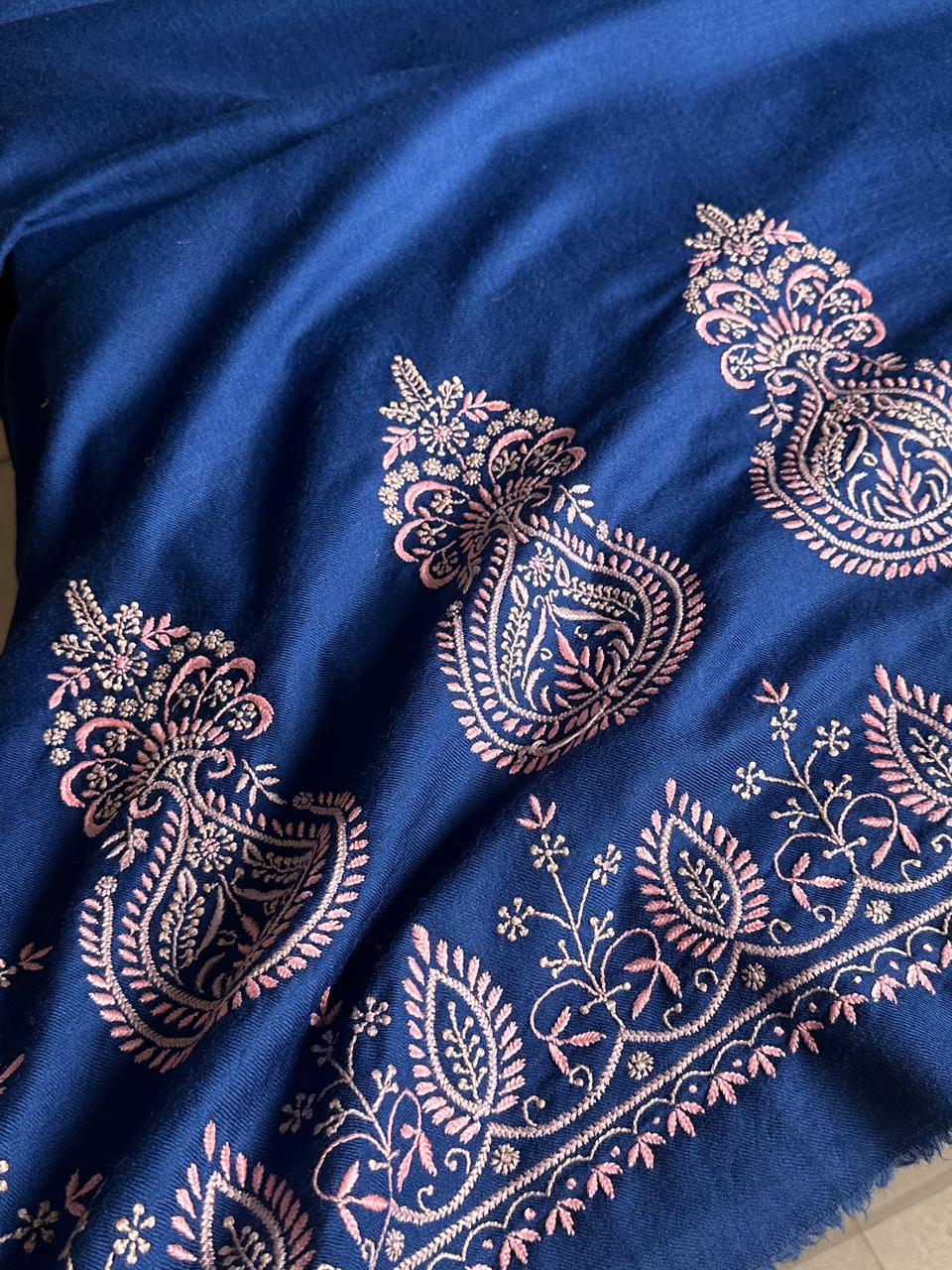 Ink Blue Shade Saman Pashmina Fine Chikankari Shawl
