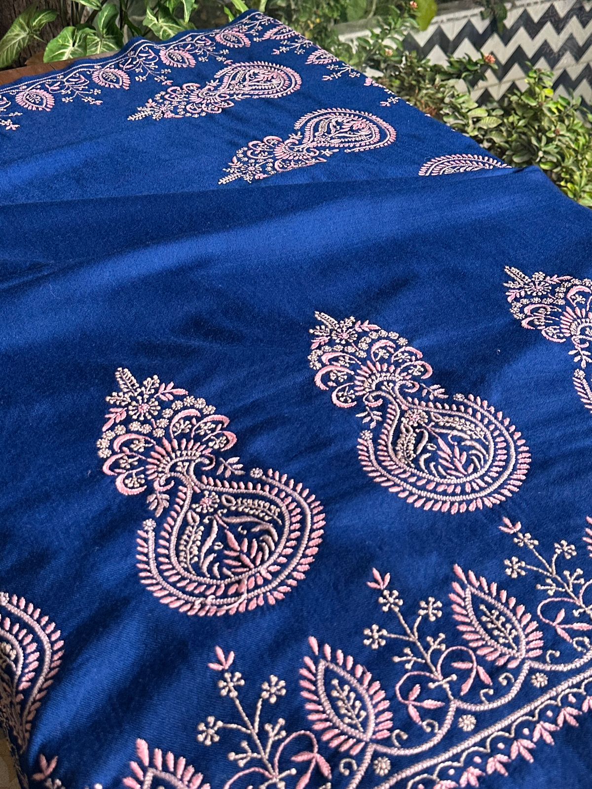 Ink Blue Shade Saman Pashmina Fine Chikankari Shawl