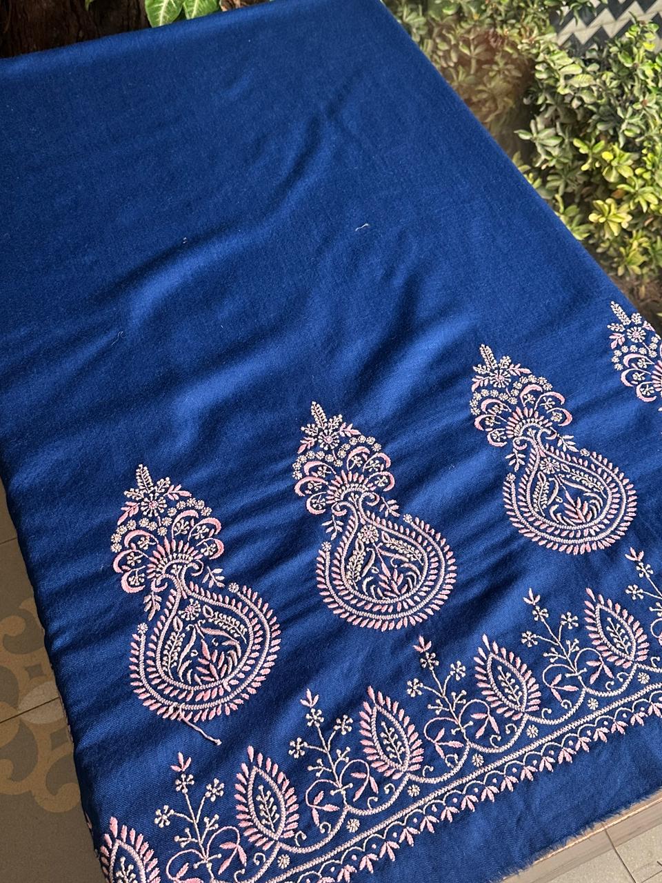 Ink Blue Shade Saman Pashmina Fine Chikankari Shawl