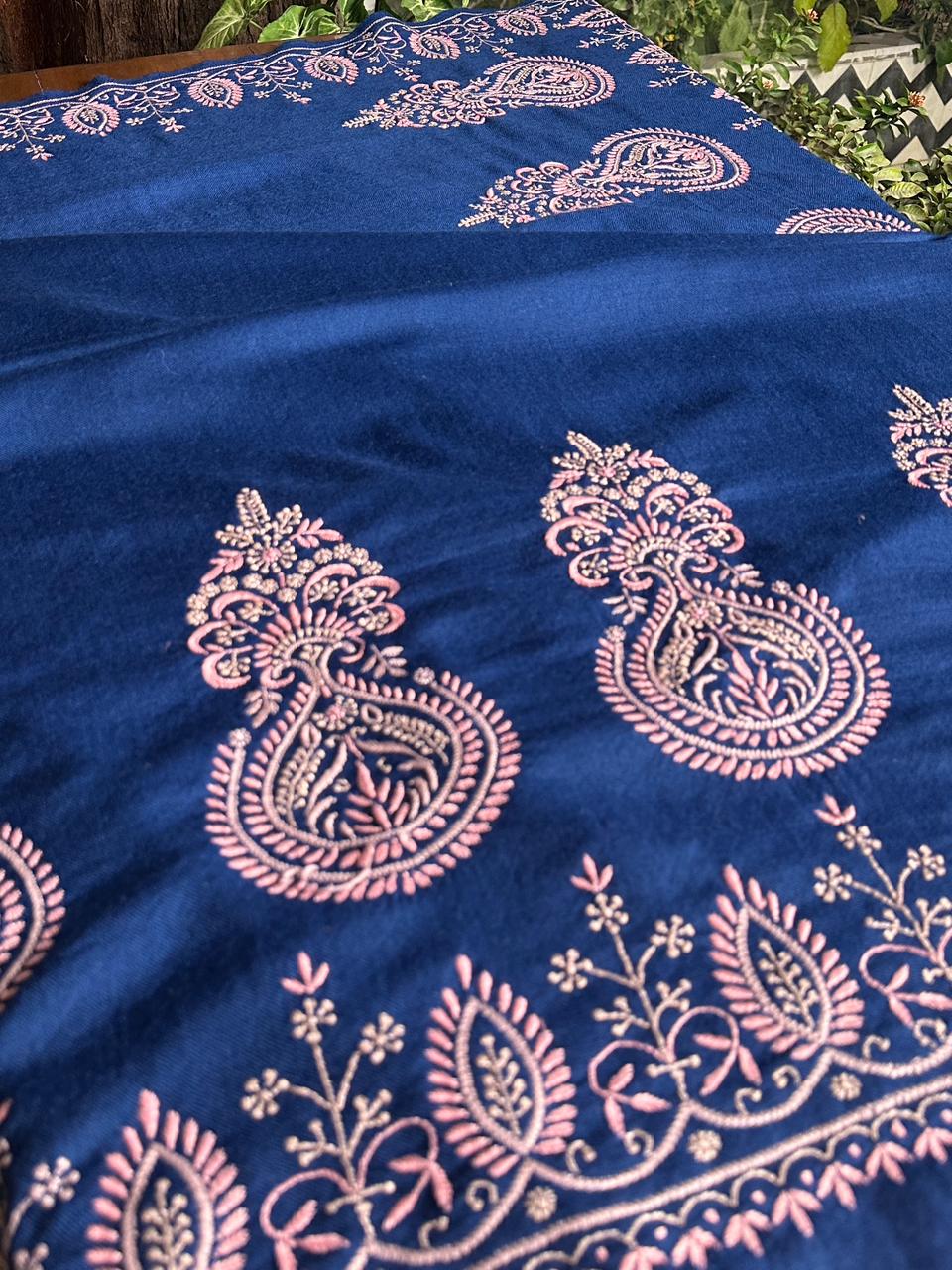 Ink Blue Shade Saman Pashmina Fine Chikankari Shawl