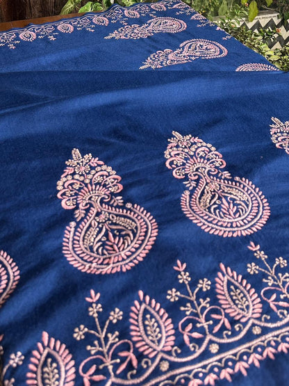 Ink Blue Shade Saman Pashmina Fine Chikankari Shawl