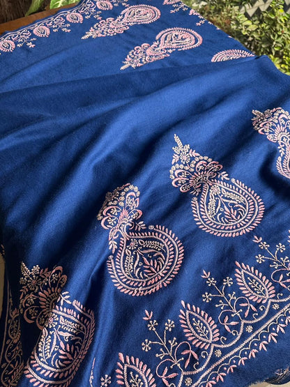 Ink Blue Shade Saman Pashmina Fine Chikankari Shawl