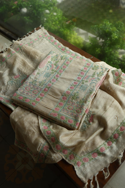 Intricate Natural Tussar Silk Chikankari RTW Jacket Unstitched Fabric