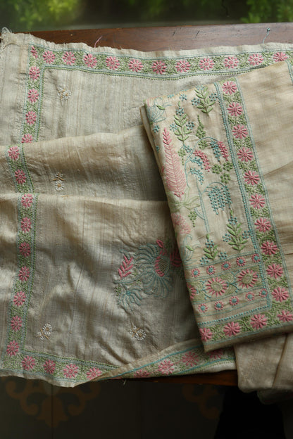 Intricate Natural Tussar Silk Chikankari RTW Jacket Unstitched Fabric