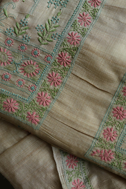 Intricate Natural Tussar Silk Chikankari RTW Jacket Unstitched Fabric