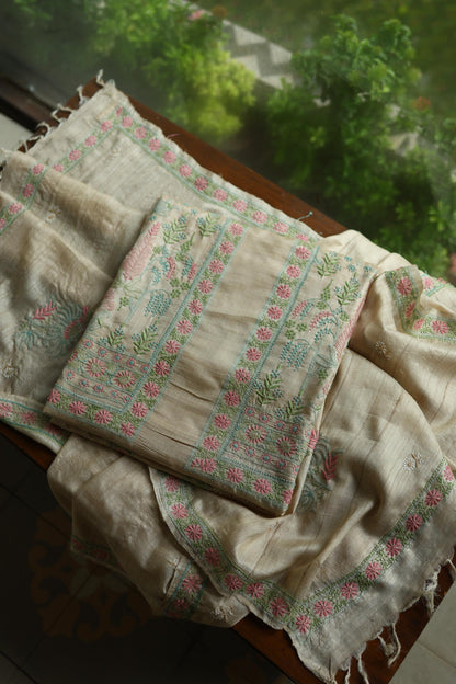Intricate Natural Tussar Silk Chikankari RTW Jacket Unstitched Fabric