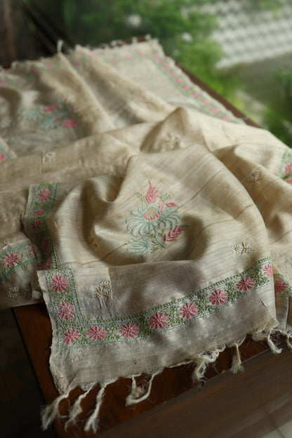 Intricate Natural Tussar Silk Chikankari RTW Jacket Unstitched Fabric