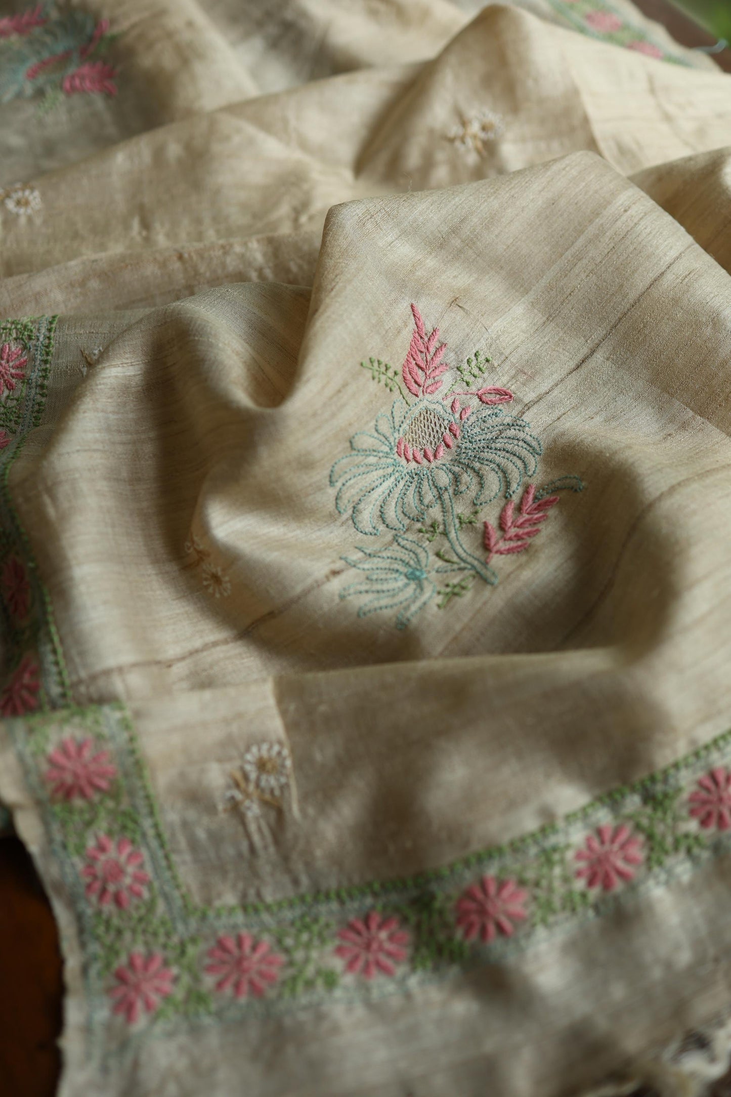 Intricate Natural Tussar Silk Chikankari RTW Jacket Unstitched Fabric