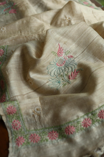 Intricate Natural Tussar Silk Chikankari RTW Jacket Unstitched Fabric