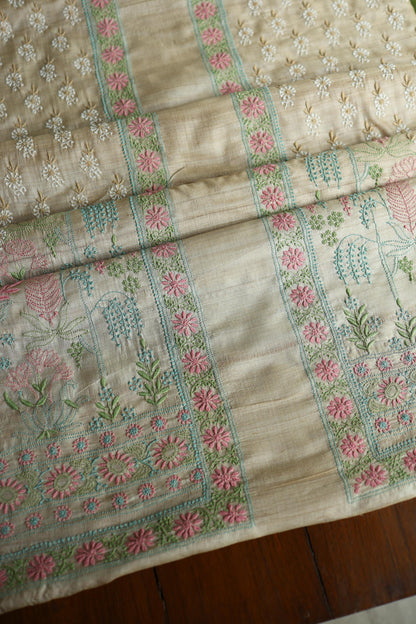 Intricate Natural Tussar Silk Chikankari RTW Jacket Unstitched Fabric