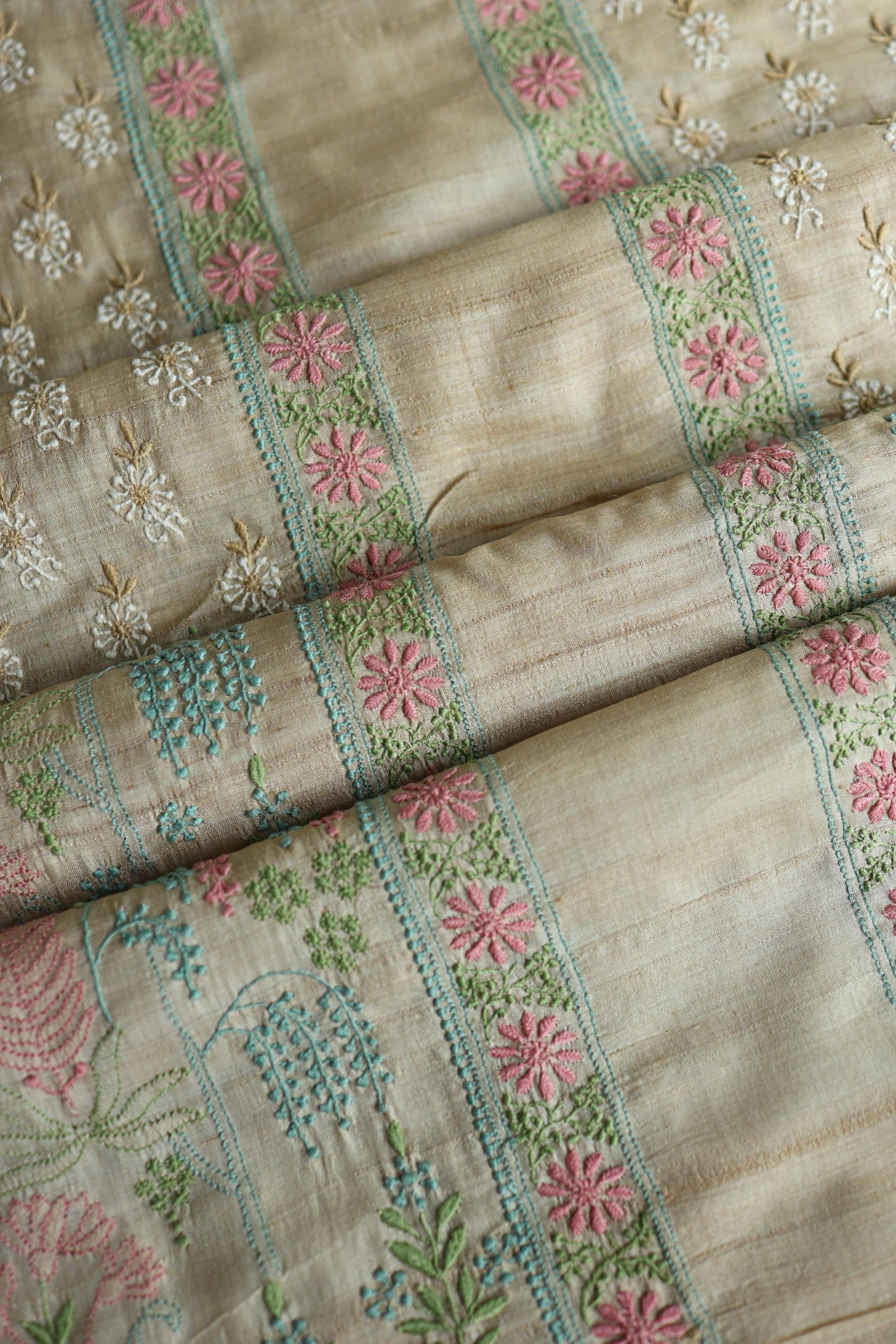 Intricate Natural Tussar Silk Chikankari RTW Jacket Unstitched Fabric